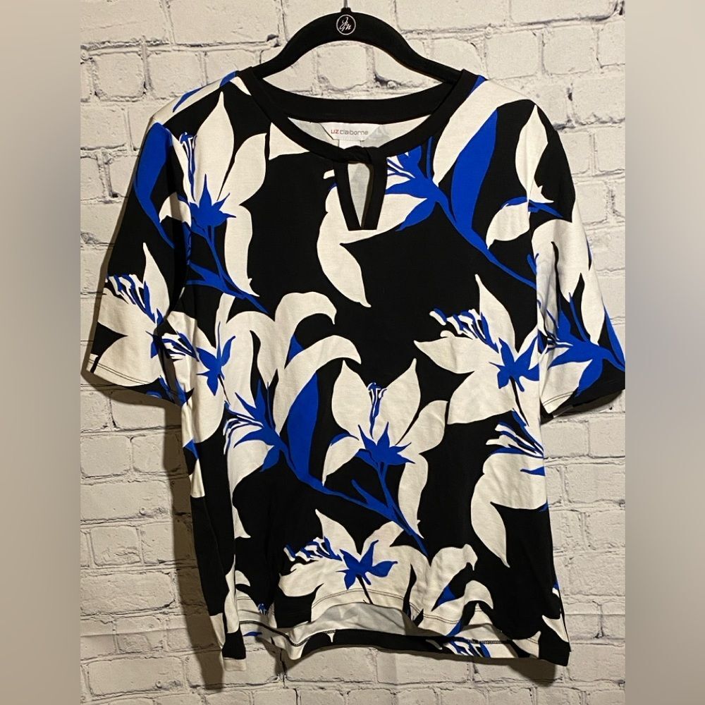 Liz Claiborne Women's Shirt Size L Blue Black Short Sleeve Keyhole Neckline